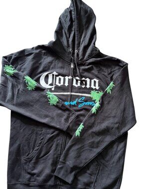 Maui and Sons‎ Corona Hoodie Mens XL Black Excellent Zip Up Palm Tree Graphic